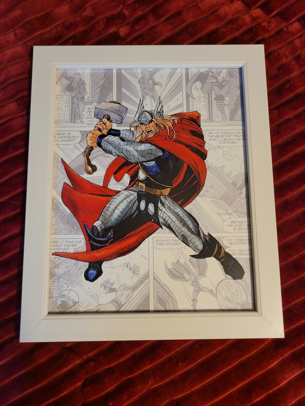 Framed Red & Silver Superhero Art Print - Marvel-Inspired Thor Design